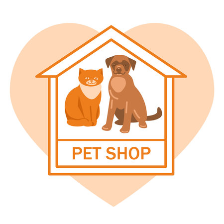 Cat and dog in the house, on the background of the heart. Inscription: pet shop. Vector illustration, logo.のイラスト素材