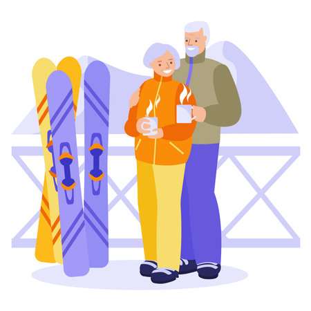 Happy elderly couple drinking hot tea, coffee at a ski resort. The concept of happy relationships, active leisure seniors. Vector illustration in flat.のイラスト素材