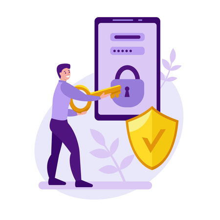 Mobile phone security vector concept. A young man is trying to unlock a mobile phone with a key. Data protection. Strong password and login.のイラスト素材
