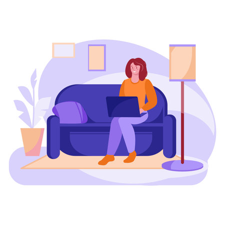 Freelancer girl with a laptop on the couch studies or works at home. Vector concept of freelance, online education. Cartoon flat.のイラスト素材