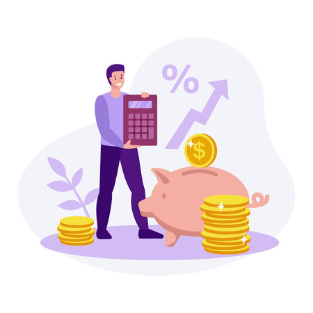 A man with a calculator next to a piggy bank. Save money, finance, business, investment, budget, money management concepts. Modern flat design. Vector.のイラスト素材