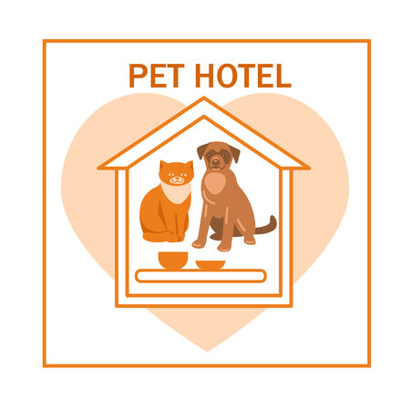 Cat and dog in the house, on the background of the heart. Inscription: pet hotel. Vector logo.のイラスト素材