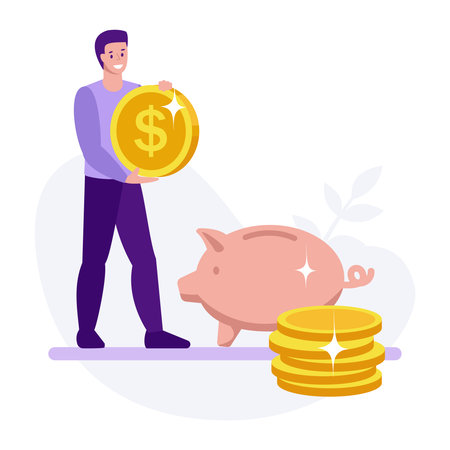 A man with a calculator next to a piggy bank. Save money, finance, business, investment, budget, money management concepts. Modern flat design. Vector.のイラスト素材