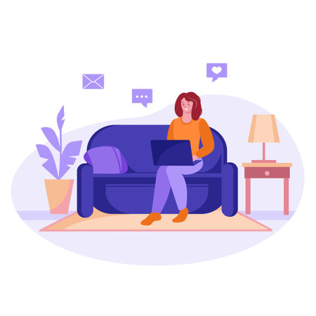 Freelancer girl with a laptop on the couch studies or works at home. Vector concept of freelance, online education. Cartoon flat.のイラスト素材