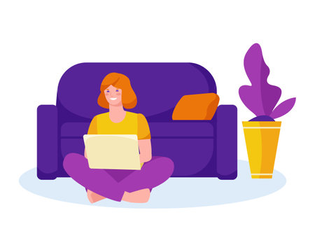 Girl with a laptop next to the sofa. Concept for freelance work, online learning. Vector illustration in flat cartoon style. Isolated on a white.のイラスト素材