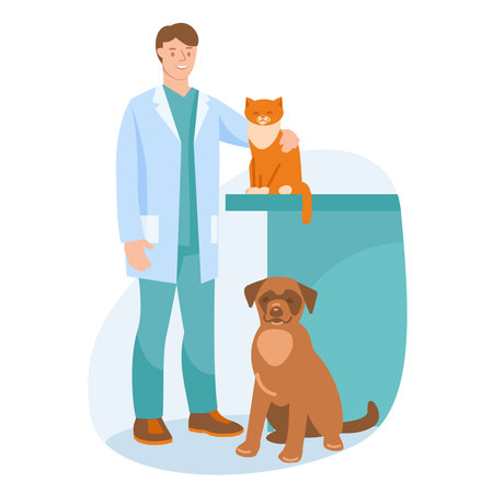 Veterinarian with a dog and a cat. Vector illustration.のイラスト素材
