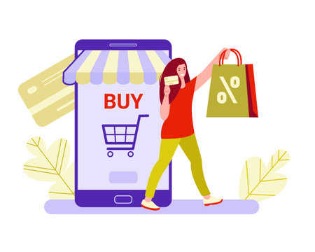 Online shopping concept. Girl with a shopping bag and a discount card in front of a large smartphone. Cartoon flat style. Isolated on a white.のイラスト素材