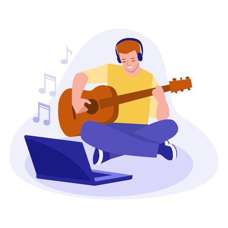A young man is learning to play the guitar. Looks at the laptop. Concept on the topic of online learning. Vector.のイラスト素材