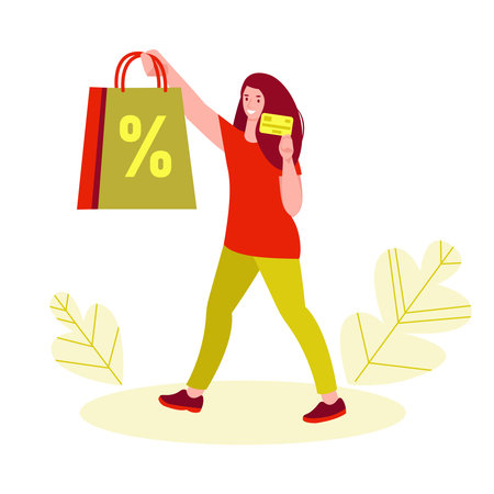 Girl with a shopping bag and a discount card. Cartoon flat style. Isolated on a white.のイラスト素材