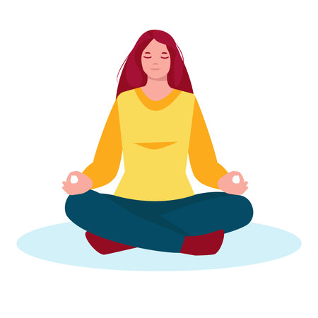 Meditating woman. Vector illustration in flat cartoon style. Isolated on a white.のイラスト素材
