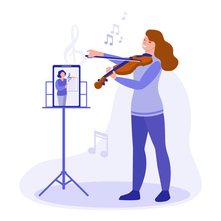 The concept of learning to play the violin online. Girl playing violin and watching a lesson on a tablet.Vector illustration in cartoon flat.のイラスト素材