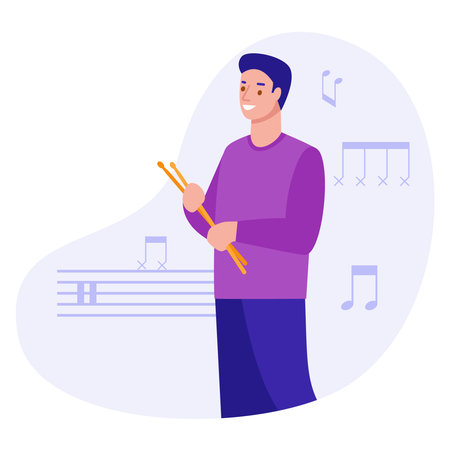 Young man with drumsticks on the background of notes. Vector illustration in flat.のイラスト素材