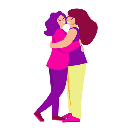 Two girls are hugging. Vector illustration in flat style. Isolated on white.のイラスト素材