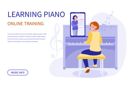 Online learning to play the piano. Banner. Vector illustration.のイラスト素材