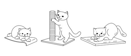 Set of vector outline illustrations. Cats and scratching posts. Isolated on white backgroundのイラスト素材