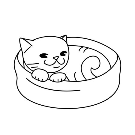 The cat lies in a round bed. Vector outline illustration, isolated on white background.のイラスト素材