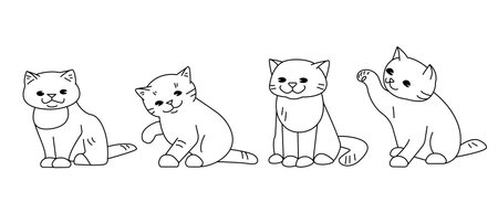 Set of sitting cats in different poses. Vector outline illustration, isolated on white background.のイラスト素材