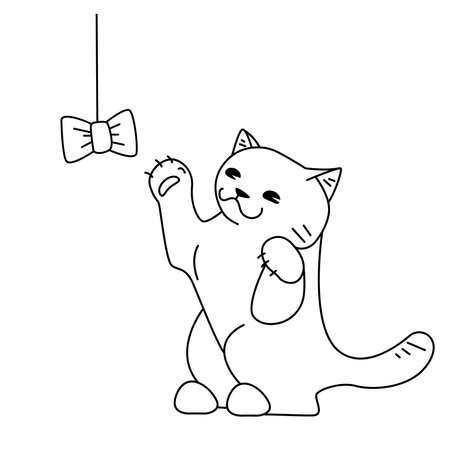 The cat catches a bow. Vector outline illustration, isolated on white background.のイラスト素材