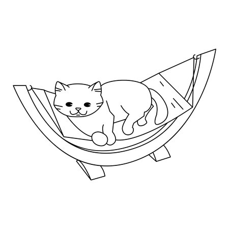 The cat lies in the cat's hammock. Vector outline illustration, isolated on white background.のイラスト素材