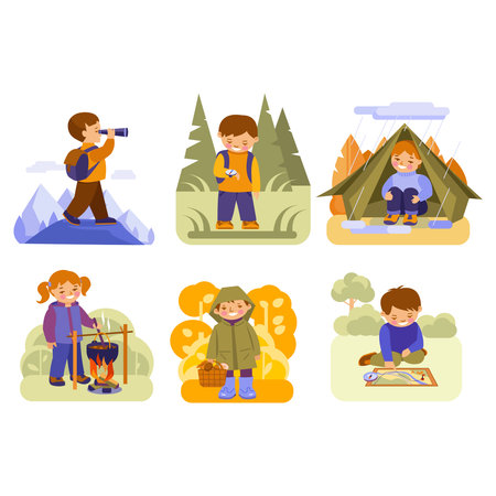 Children on a hike. Set of vector illustrations on the theme of travel, adventure. Flat style concept.のイラスト素材