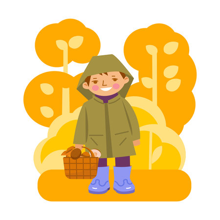 Boy with a basket of mushrooms in the autumn forest. Vector illustration in flat style. Isolated on white. Flat style concept.のイラスト素材