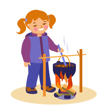 A girl cooks food on a campfire in a camp pot. Vector illustration in flat style. Isolated on white background.のイラスト素材