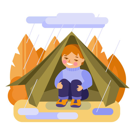 A boy in a tent is hiding from the rain. Vector illustration in flat style. Isolated on white.のイラスト素材
