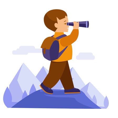 A boy with a hiking backpack looks through a telescope in the mountains. Vector illustration in flat style. Isolated on white.のイラスト素材