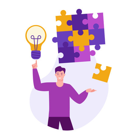 Ideas for solving problems. A young man with a light bulb compiled a puzzle. Vector concept in flat cartoon.のイラスト素材
