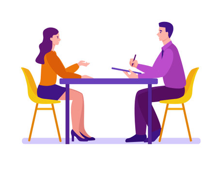 Young man and woman are interviewed at the table. Employment process, candidate selection, journalistic interview. Vector concept in flat cartoon style.のイラスト素材