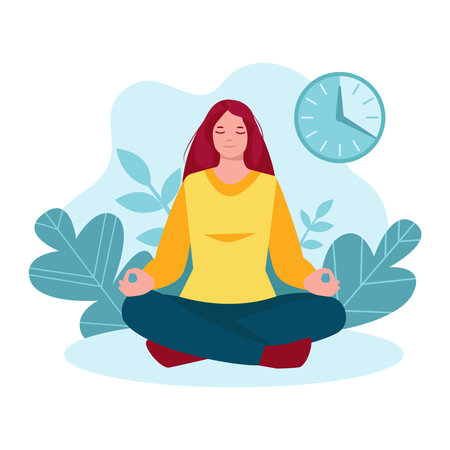 Meditating woman, girl in nature, against the background of leaves, plants. Clock timer, 20 minutes. Vector illustration in flat cartoon. The concept of a healthy lifestyle, yoga, meditation, relaxation.のイラスト素材