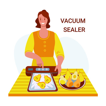 Young woman with a vacuum sealer. Vector illustration in flat cartoon style, isolated on white background.のイラスト素材
