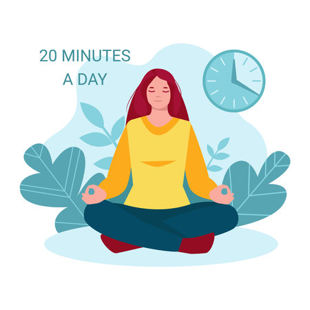 Woman meditating in nature, among plants, leaves.Vector concept of a healthy lifestyle, mental health, relaxation. Clock. Inscription 20 minutes of meditation. Illustration in flat cartoon style.のイラスト素材