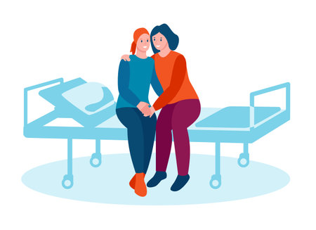 A woman with cancer sits on a bed in a hospital. A friend hugs, supports. Lavender ribbon. The concept of support of family and friends with oncology. Vector illustration in flat cartoon style.のイラスト素材