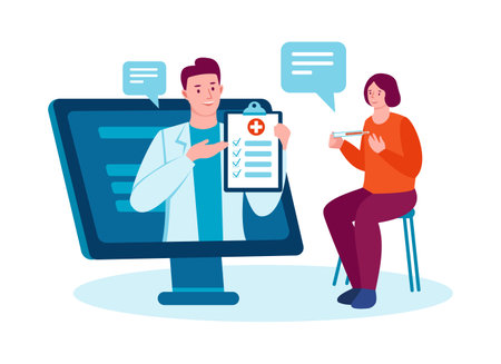 The doctor consults the patient online. Telemedicine. Medicine and health concept. Vector illustration in flat cartoon style. Isolated on a white background.のイラスト素材