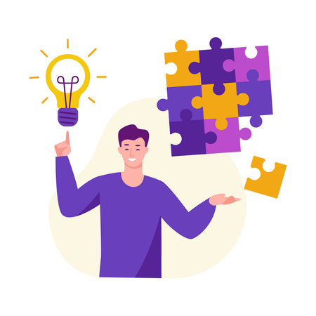 Ideas for solving problems. A young man with a light bulb compiled a puzzle. Vector concept in flat cartoon style.のイラスト素材