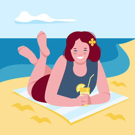 Lying girl with fruit cocktail, juice, lemonade on the sea beach. Relax on the sandy beach, vacation. Vector illustration in flat cartoon style.のイラスト素材