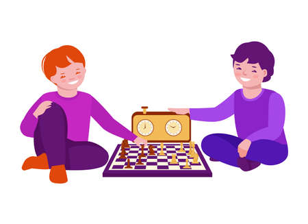 Two boys are playing chess. They sit on the floor. Vector illustration in flat cartoon style.のイラスト素材