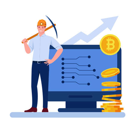 A male miner in a miner's helmet with a pickaxe. Stack of bitcoin coins. Computer monitor. Vector concept in flat cartoon.のイラスト素材