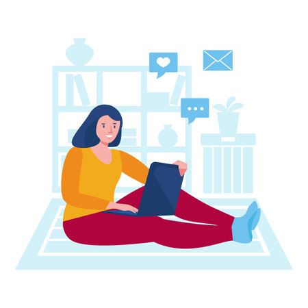 A young girl or woman is sitting on the floor with a laptop. The interior of the room. The concept of work, communication via the Internet. Vector illustration in flat cartoon.のイラスト素材