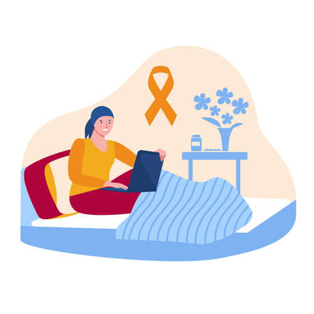 A girl with leukemia sits on the bed with a laptop. Orange awareness ribbon. Communication, work from home during oncology. Vector concept in flat cartoon.のイラスト素材