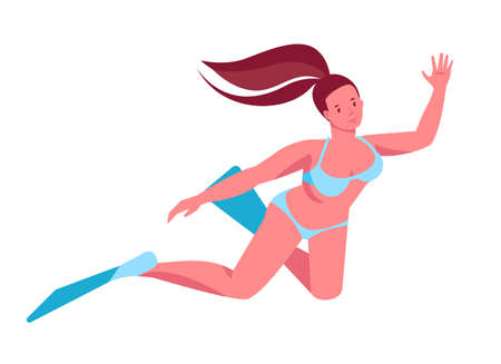 A girl in flippers swims underwater. Vector illustration in flat cartoon style. Isolated on a white.のイラスト素材