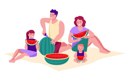 Family on a summer picnic eating watermelon. The concept of family vacation, pastime. Vector illustration in flat cartoon style. Isolated on a white.のイラスト素材