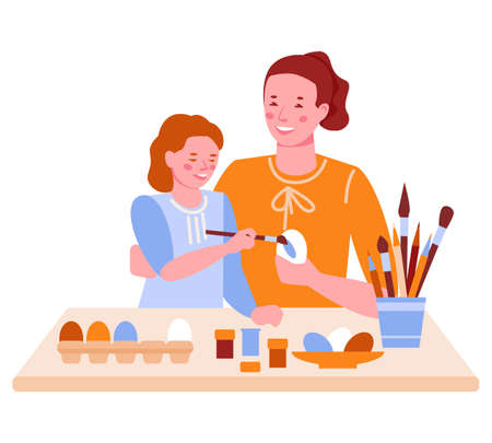 Mom and daughter are preparing for Easter, decorating eggs together. Vector illustration in flat cartoon style. isolated on white.のイラスト素材