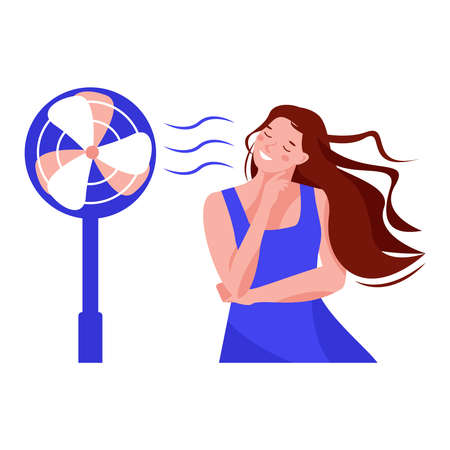 A girl or woman in front of an electric fan on hot summer days. Air conditioning, refreshing and refrigeration concept. Vector illustration in flat cartoon.のイラスト素材