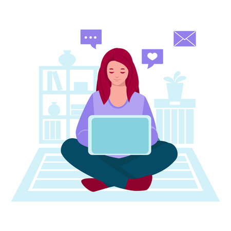 Freelancer girl with laptop works, sits on the floor. Vector concept of remote work, from home. Vector illustration in flat cartoon.のイラスト素材
