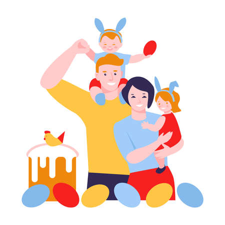 The family celebrates Easter with eggs, Easter cake. Mother, father, daughter, son. Vector illustration in flat cartoon style. Isolated on a white.のイラスト素材