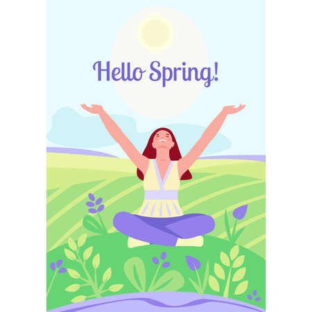 Hello Spring The girl sits against the background of a spring landscape. Vector illustration in flat cartoon. For banner, cover, templates, posters.のイラスト素材