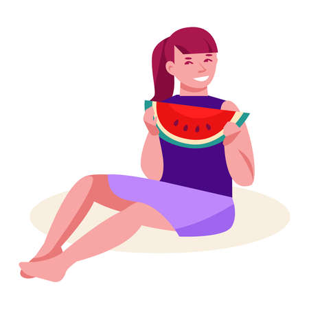 Teen girl sitting on the ground with a slice of watermelon. Vector illustration in flat cartoon style. Isolated on a white.のイラスト素材