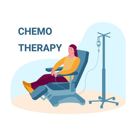 Oncology patient having a chemotherapy. Woman with cancer gets a drip. Vector concept of cancer treatment and medicine. Illustration in flat cartoon.のイラスト素材